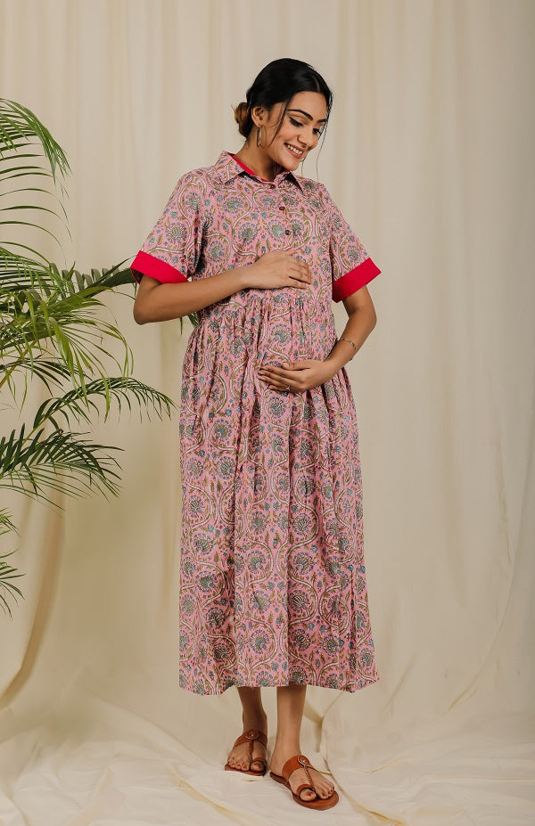 Blush Pink Floral Block Print Dress For New Mom