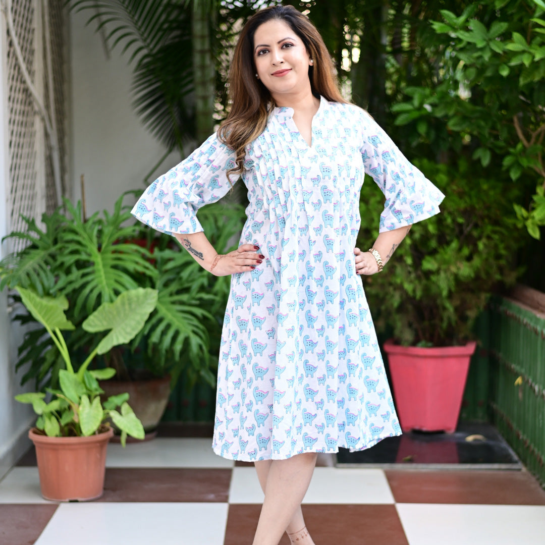 Ice Blue Cotton Hand Block Print Pleated Dress For Woman