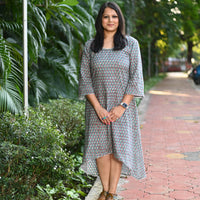 Thumbnail for Teal Floral Cotton Hand Block Print High Low Dress for Women