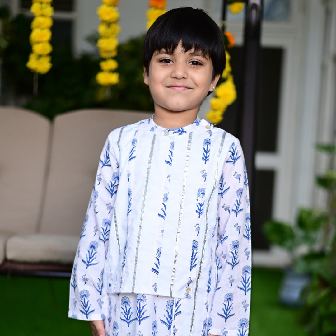 White & Blue Cotton Block Print Asymmetrical Traditional Kurta Pyjama Set For Boys