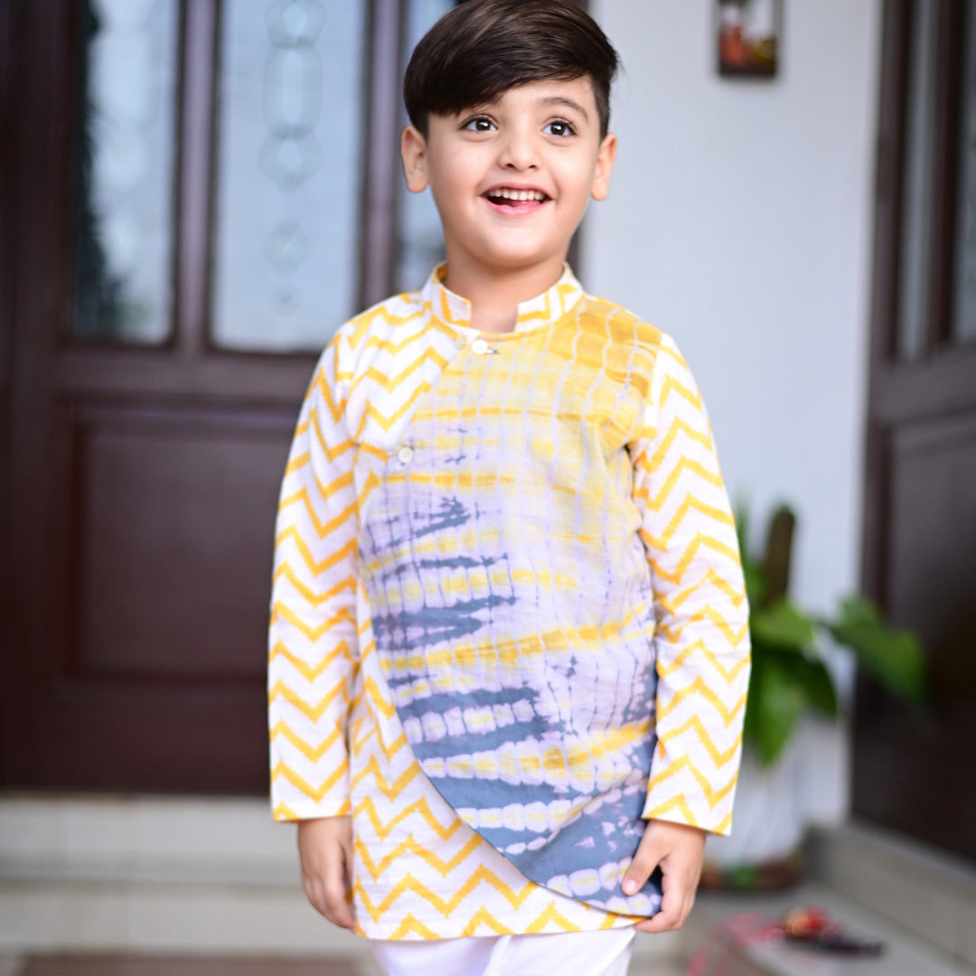 Yellow Cotton Block Print Chevron Overlap shibori Traditional Kurta Pyjama Set For Boys