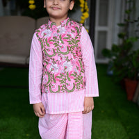 Thumbnail for Three Piece Pink Cotton Block Print Traditional Dhoti Kurta Jacket Set For Boys
