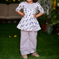 Thumbnail for Girl's Two Piece Floral Blue & White Cotton Block Print Kurta Palazzo Set