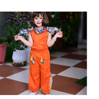 Thumbnail for Three Piece Orange Cotton Top & Flared Pant with Grey Shibori Scarf Set For Girls