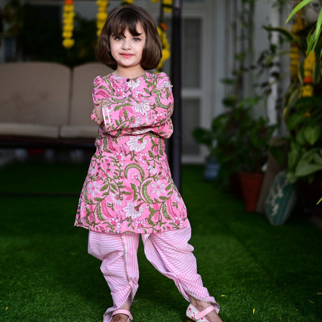 Ice-Cream Pink Cotton Block Printed Traditional Dhoti Kurta Set With Gota Highlights For Girls