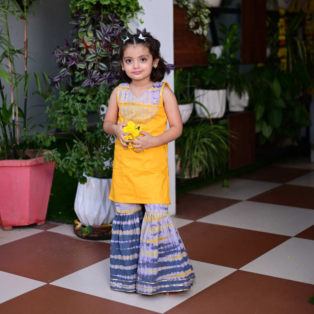 Yellow & Grey Shibori Sharara Dress For Girl's