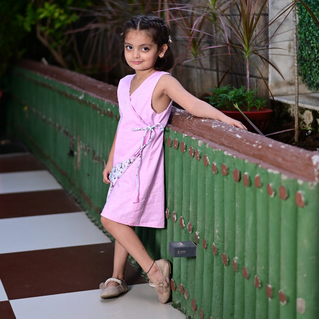 Powder Pink Spun Cotton Sleeveless Overlap Double Sided Dress For Girls
