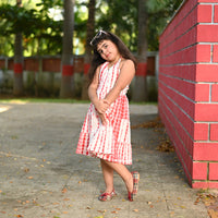 Thumbnail for Red & White Hand Tie & Dye Cotton Shibori Sleeveless Tiered Mid Length Dress For Girls