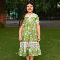 Thumbnail for Apple Green Cotton Block Print Lace Long Dress For Girls