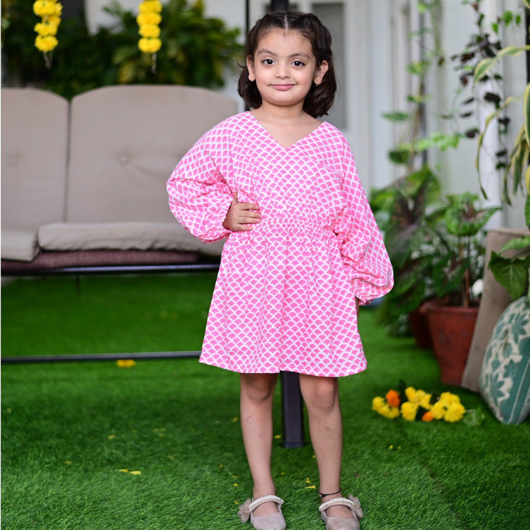 Pink Soft Cotton Block Print Kaftan Dress For Girls