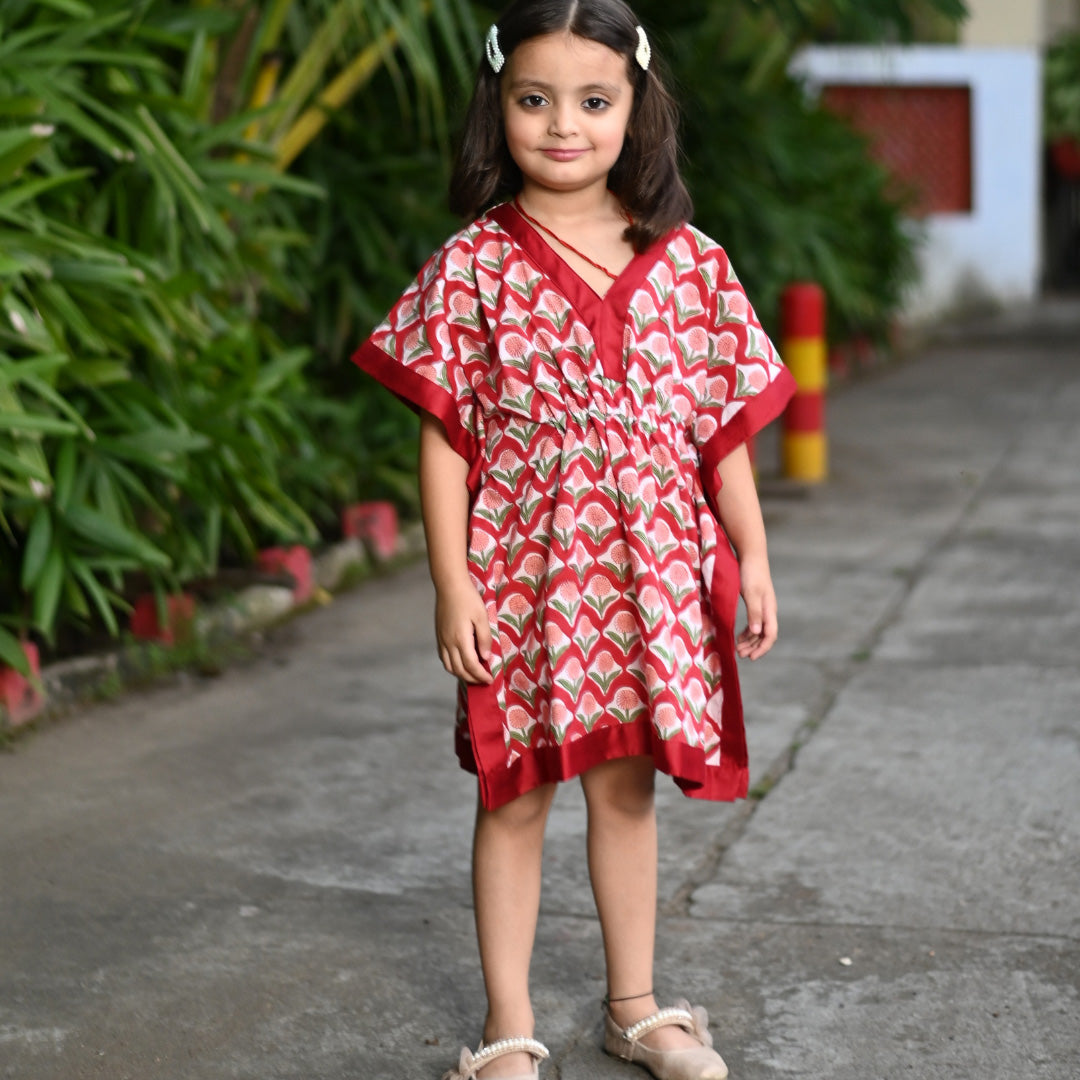 Cocktail Red Block Printed Cotton Short Kaftan Dress For Girls