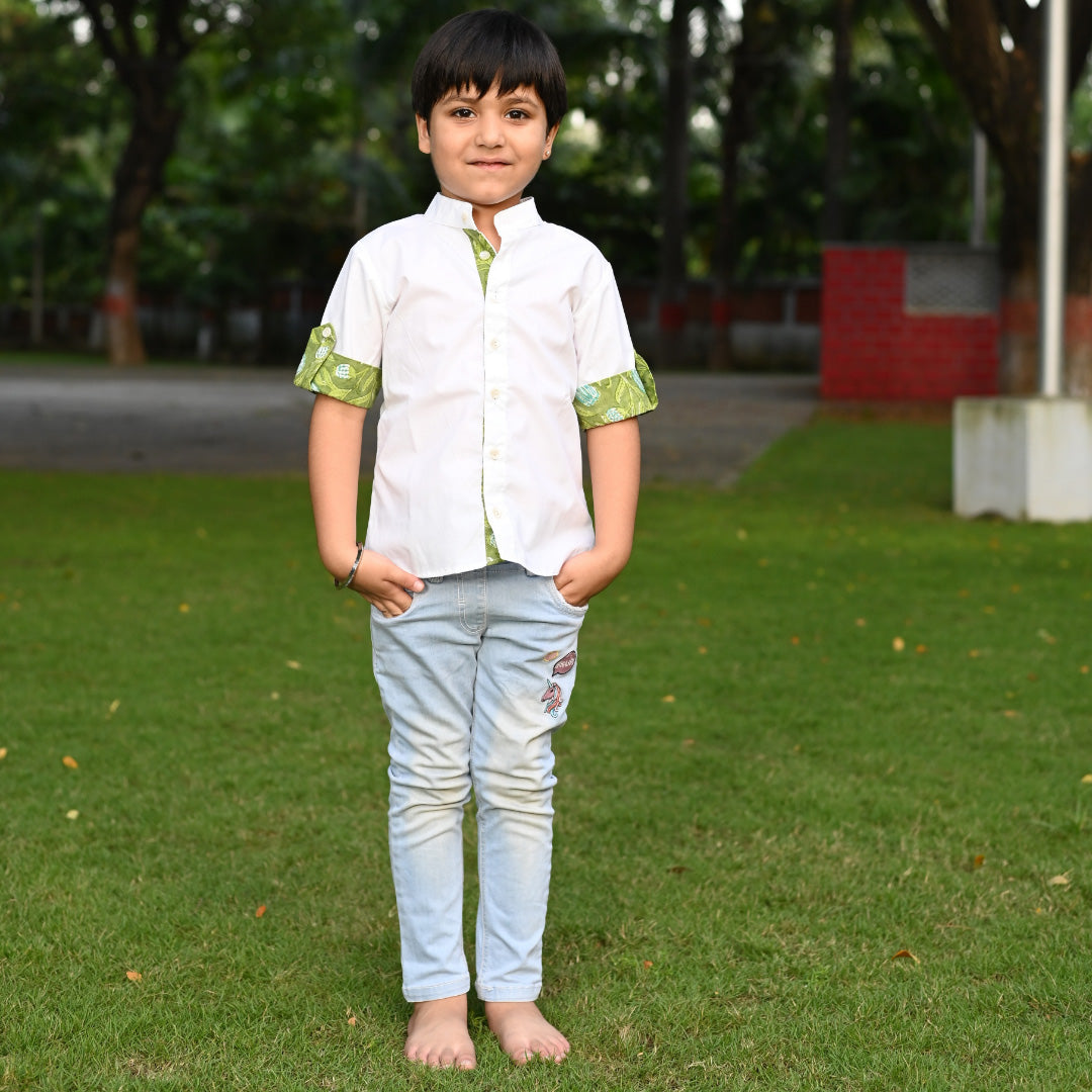 White Cotton with Green Block Print Folded Sleeves Shirt For Boys