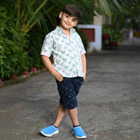 Thumbnail for Blue Cotton Block Print Animal Print Shirt For Boys