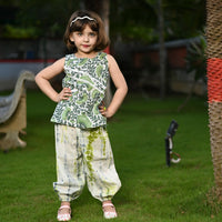 Thumbnail for Two Piece Apple Green Cotton Block Print Kurta and Shibori Pant Set For Girls