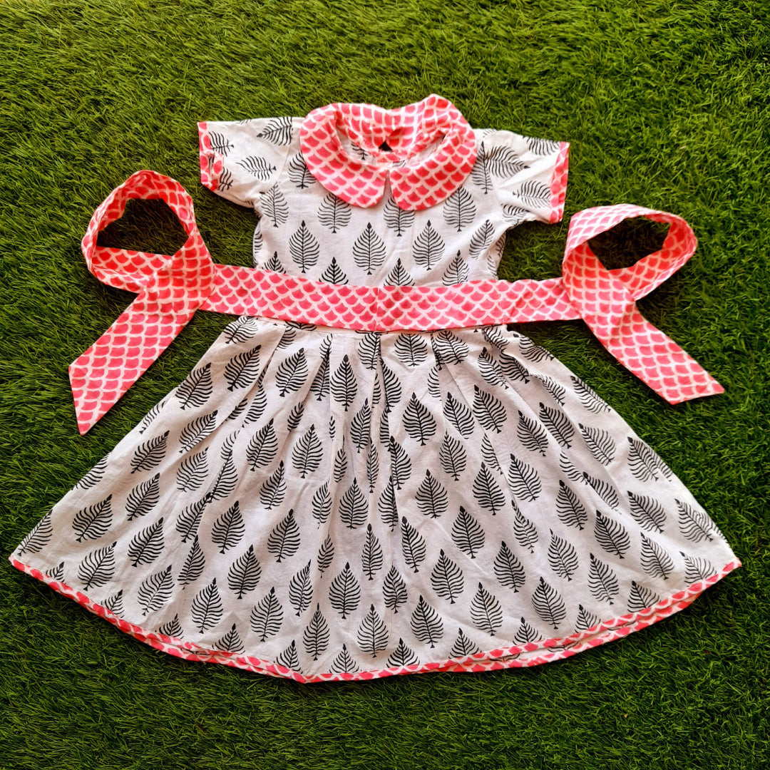 Black & White Cotton Block Printed Frock With Pink Collar and Pink Belt For Girls