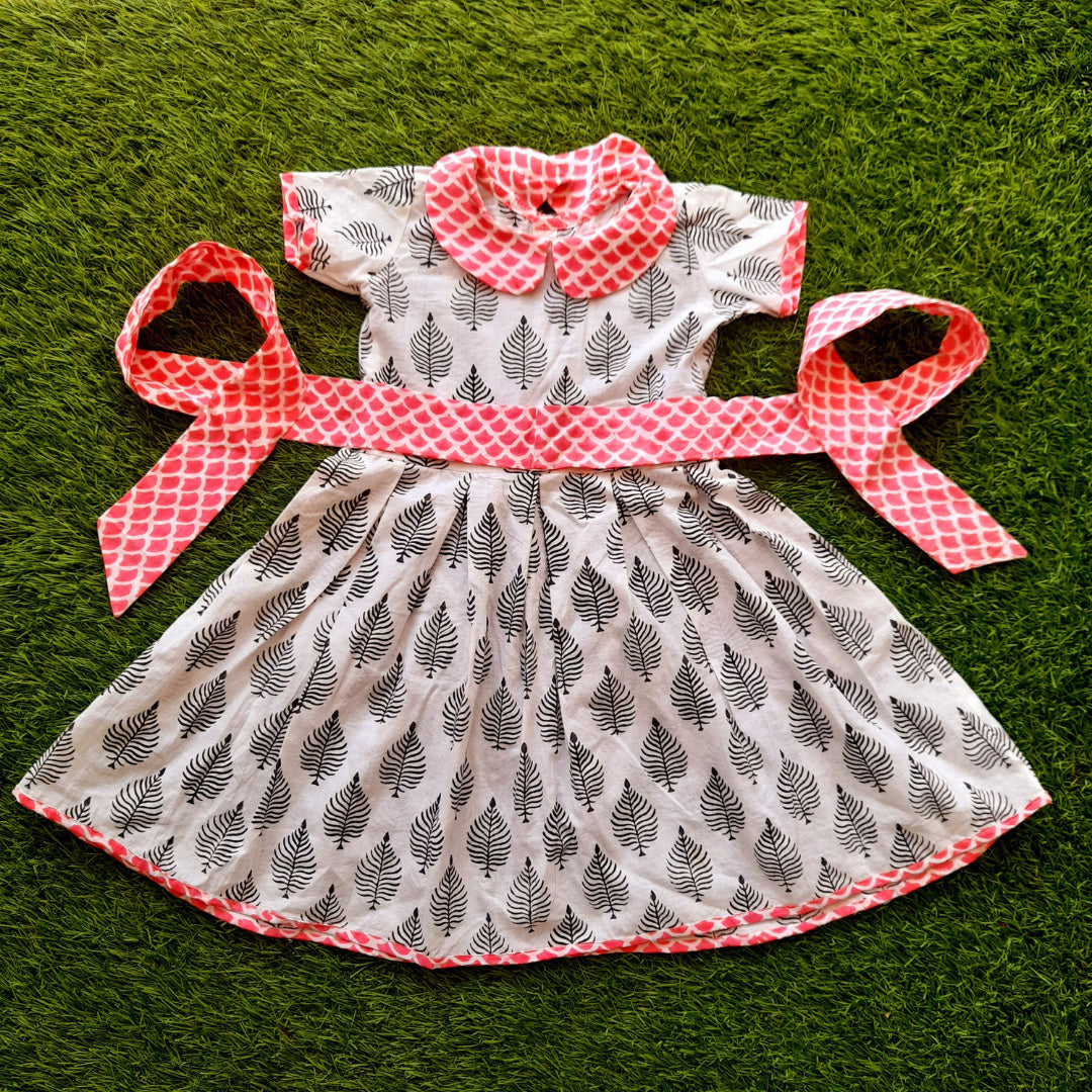 Pink & White Cotton Block Printed Frock With Pink Collar and Pink Belt For Girls