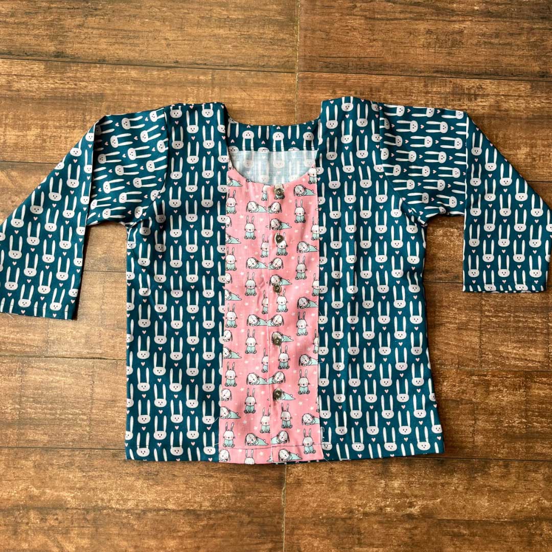 Blue Bunny Hand Block Printed Cotton Unisex Night Suit