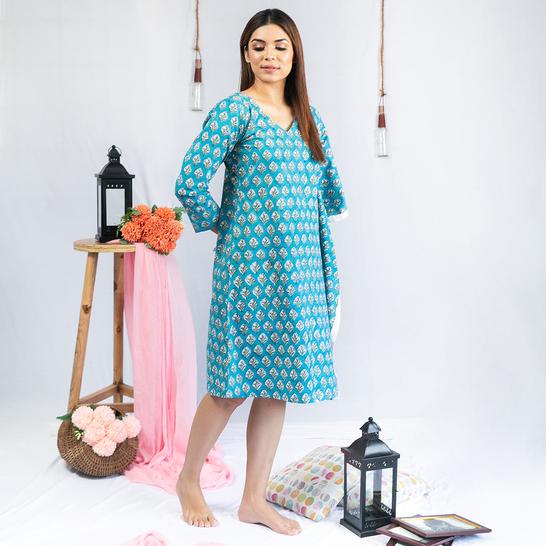Blue Cotton Hand Block Print One Sided Kaftan Style Dress For Woman