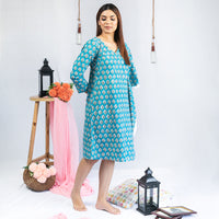 Thumbnail for Blue Cotton Hand Block Print One Sided Kaftan Style Dress For Woman