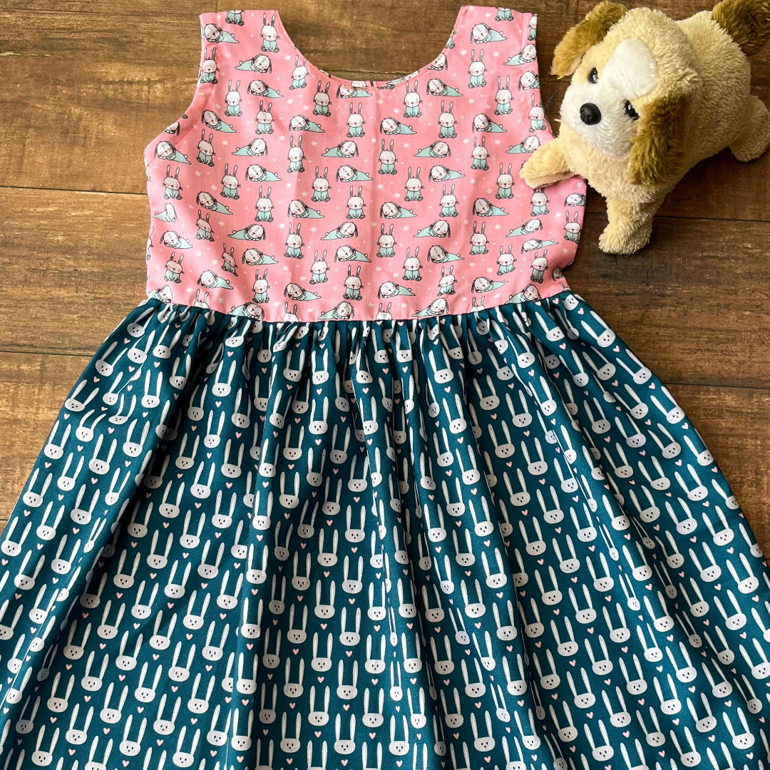 Bubblegum Pink Blue Bunny Print Spun Cotton Sleeveless Nighty For Girls