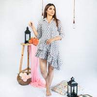 Thumbnail for White & Red Cotton Block Printed Ruffled Short Dress for Woman