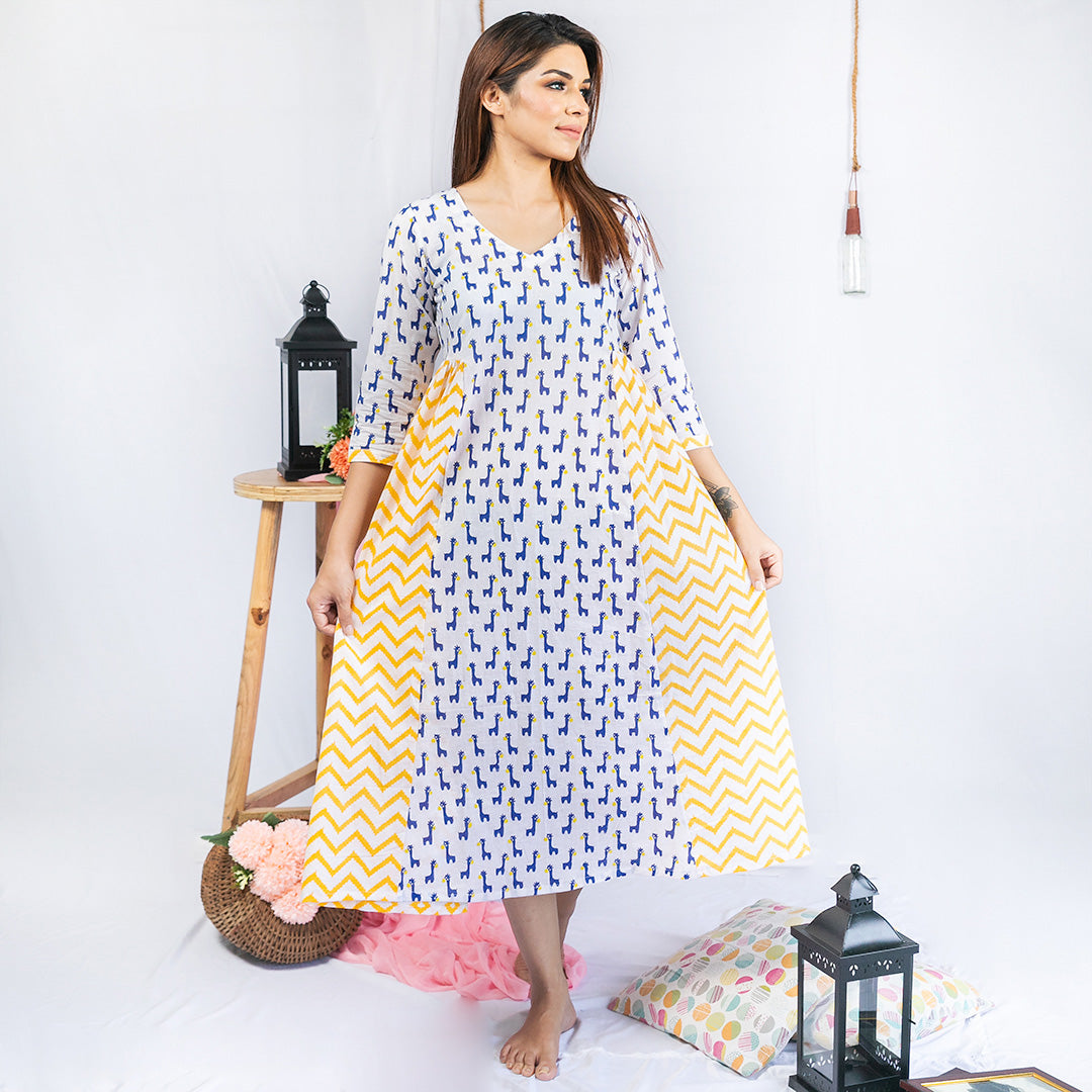 Yellow & Blue Cotton Block Printed Midi Dress for Women
