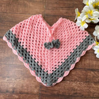 Thumbnail for Pink & Grey Hand-Knitted Soft Woollen Poncho For Girl's