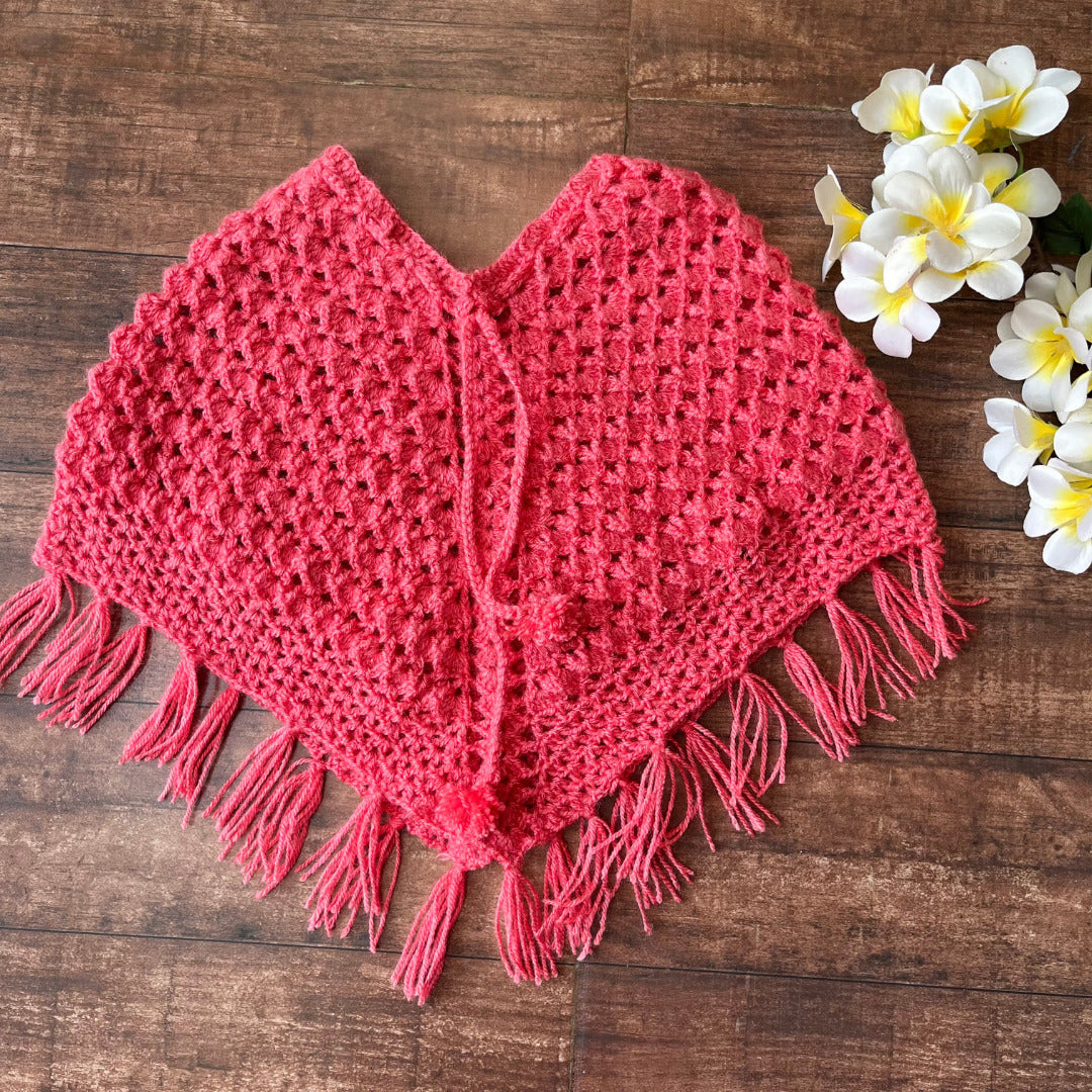 Dark Peach Hand-Knitted Soft Woollen Poncho For Girl's