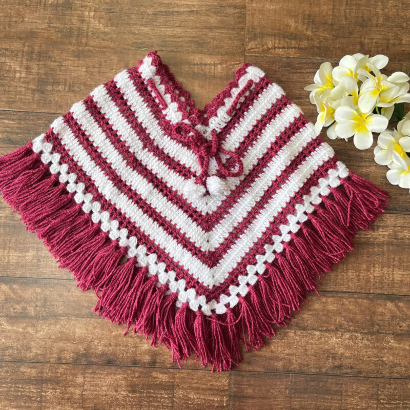 Burgundy & White Hand-Knitted Soft Woollen Poncho For Girls