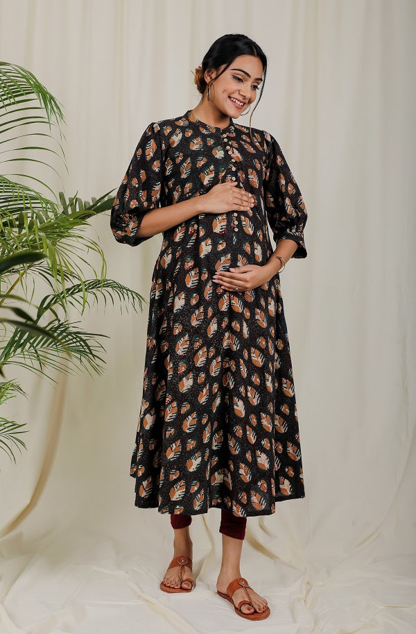 Deep Brown Block Print Kurta Dress For New Mom