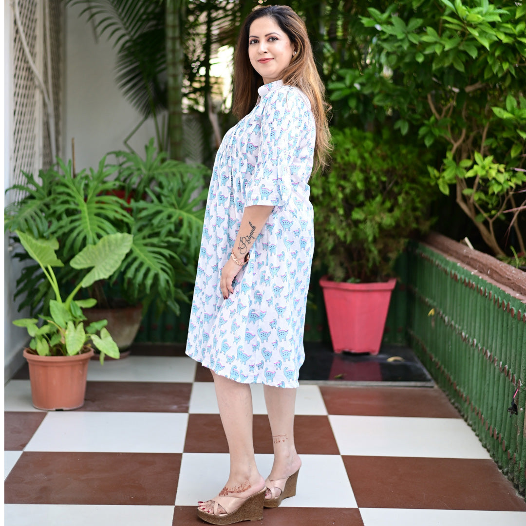 Ice Blue Cotton Hand Block Print Pleated Dress For Woman