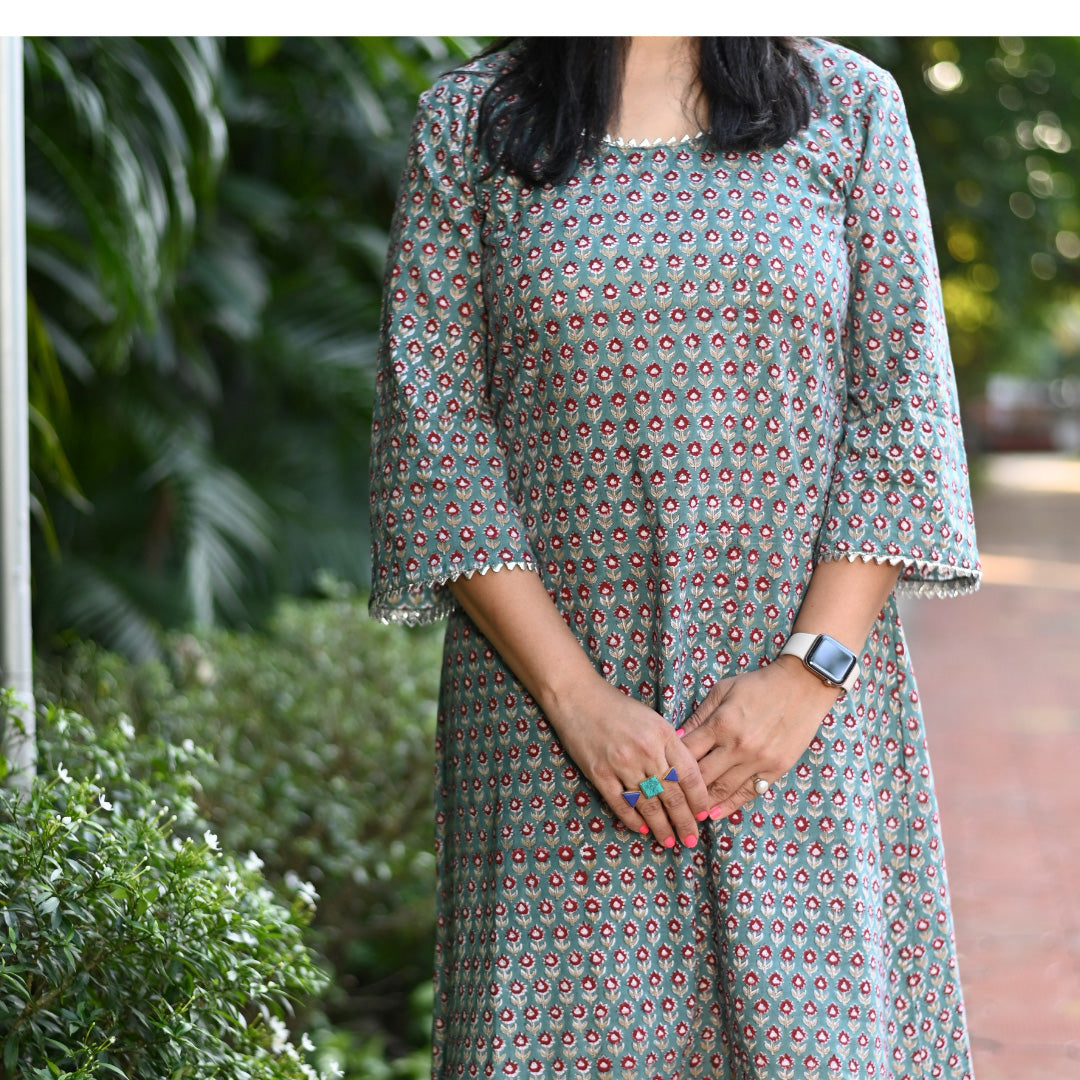 Teal Floral Cotton Hand Block Print High Low Dress for Women