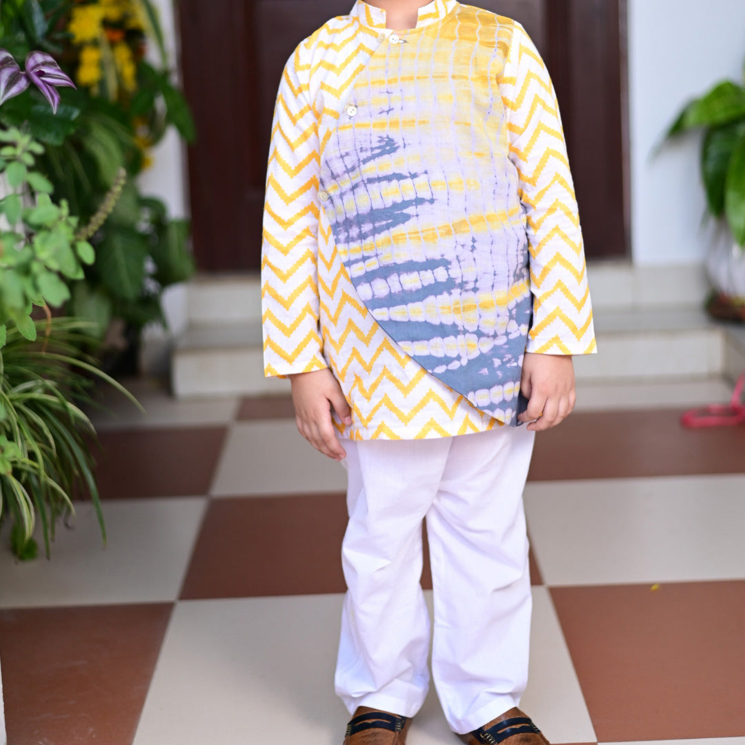 Yellow Cotton Block Print Chevron Overlap shibori Traditional Kurta Pyjama Set For Boys