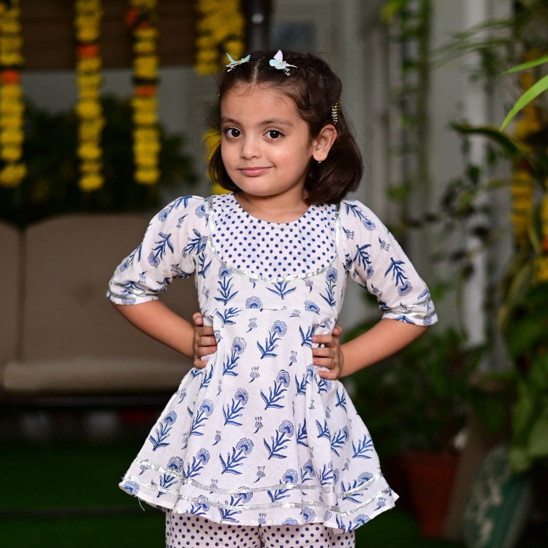 Girl's Two Piece Floral Blue & White Cotton Block Print Kurta Palazzo Set