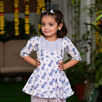 Thumbnail for Girl's Two Piece Floral Blue & White Cotton Block Print Kurta Palazzo Set