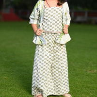 Thumbnail for Girl's Three Piece Green Shibori Cotton Block Print Top Palazzo And Shrug Set