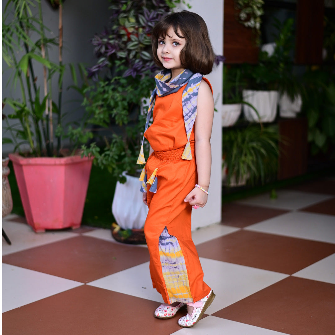 Three Piece Orange Cotton Top & Flared Pant with Grey Shibori Scarf Set For Girls