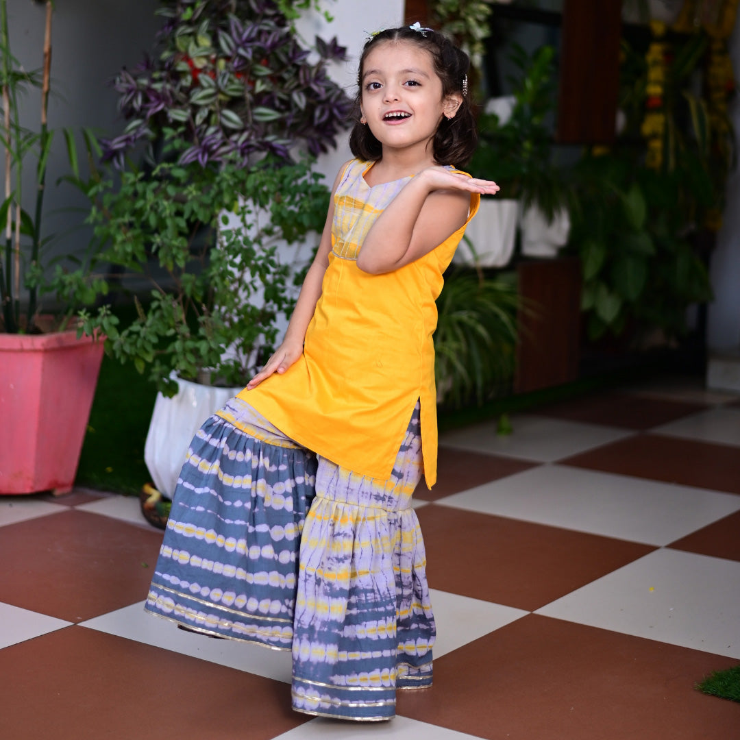 Yellow & Grey Shibori Sharara Dress For Girl's