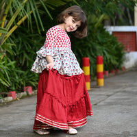 Thumbnail for Two Piece Red & White Traditional Cotton Block Print Long Skirt Top Set For Girls