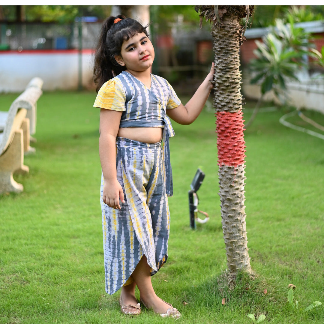 Two Piece Grey & Yellow Cotton Shibori Print Palazzo And Crop Top Set For Girls