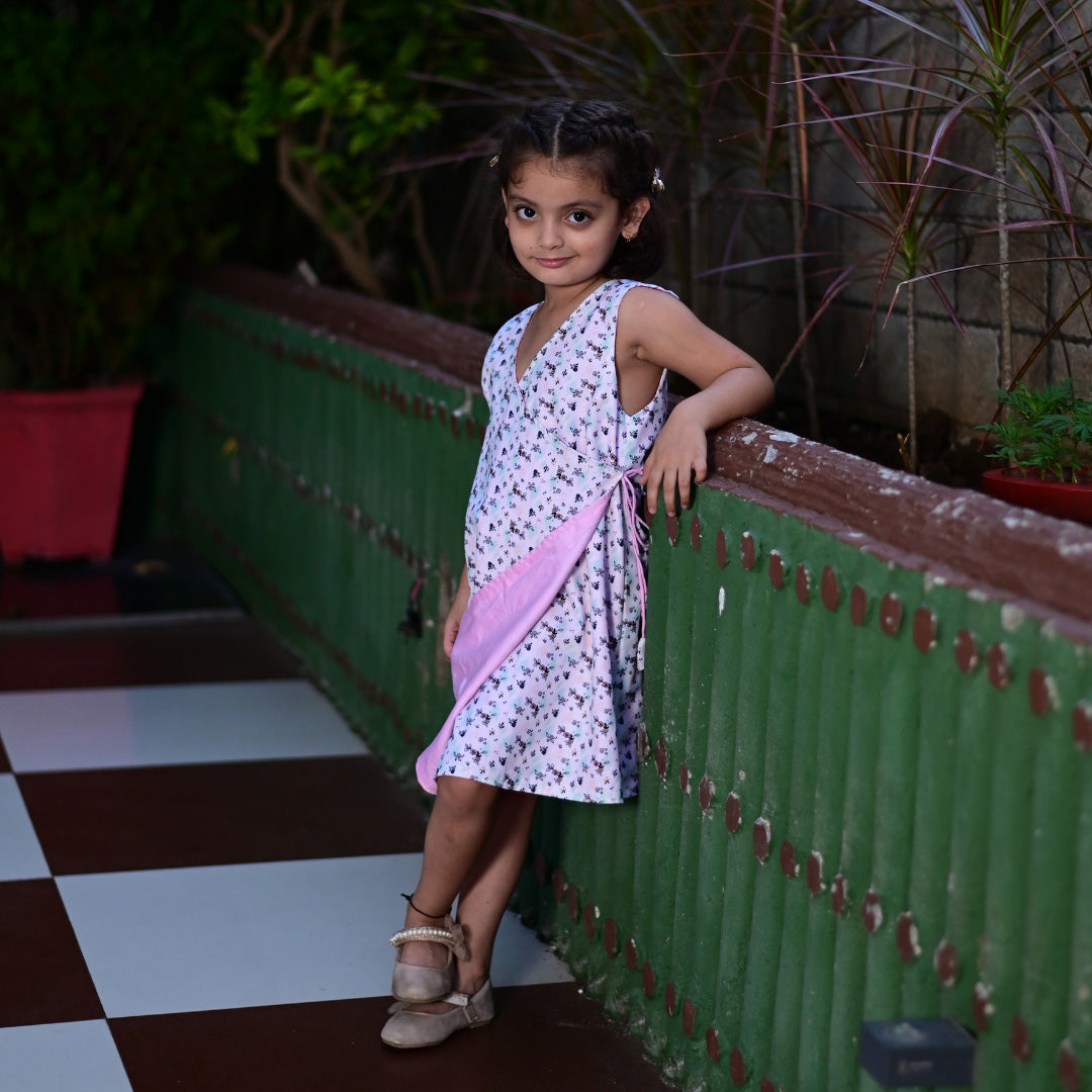 Powder Pink Spun Cotton Sleeveless Overlap Double Sided Dress For Girls