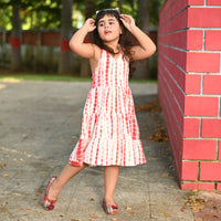 Thumbnail for Red & White Hand Tie & Dye Cotton Shibori Sleeveless Tiered Mid Length Dress For Girls