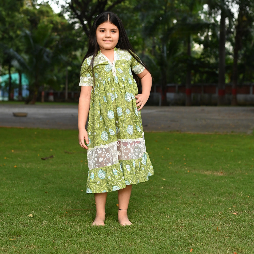 Apple Green Cotton Block Print Lace Long Dress For Girls