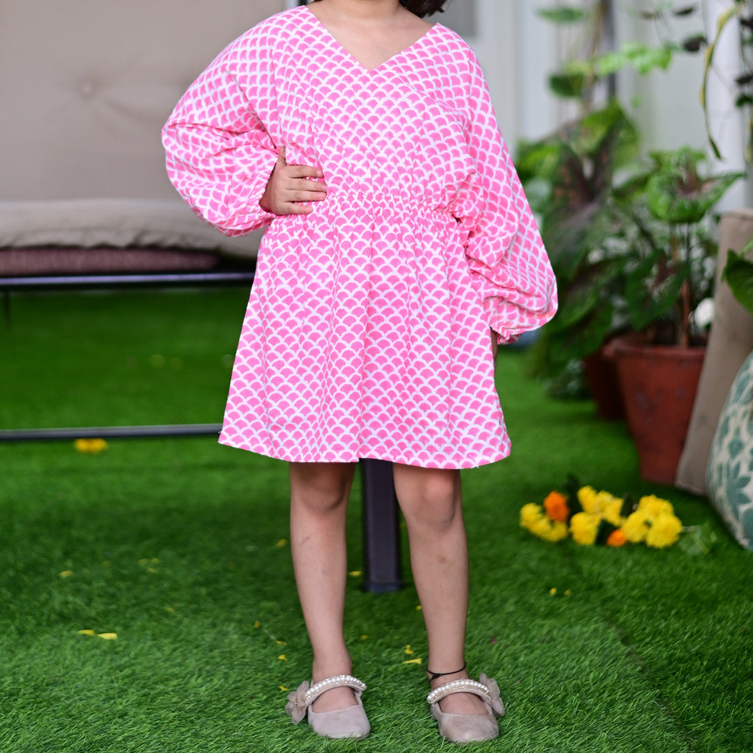 Pink Soft Cotton Block Print Kaftan Dress For Girls