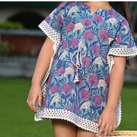 Thumbnail for Purple Blue Block PrintedCotton Shorts Kaften Dress With Tie Up String For Girls
