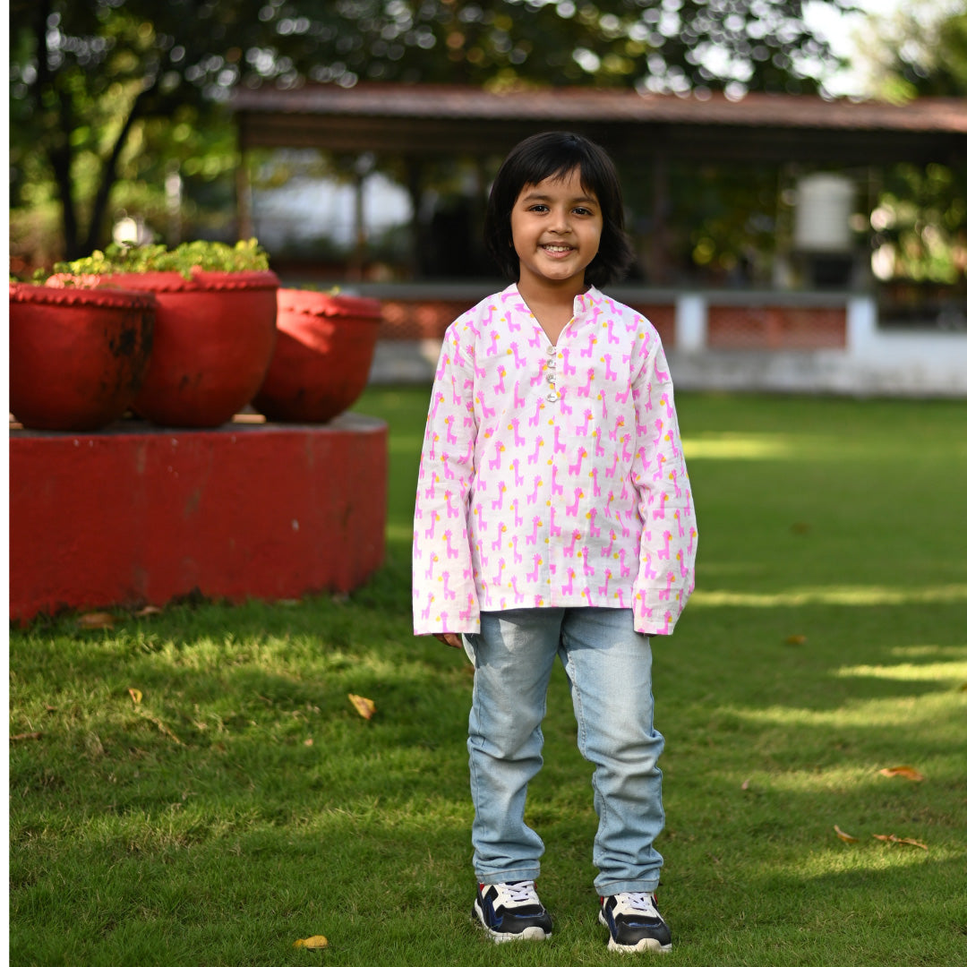 Pink Cotton Block Print Animal Print Kurta Shirt For Boys