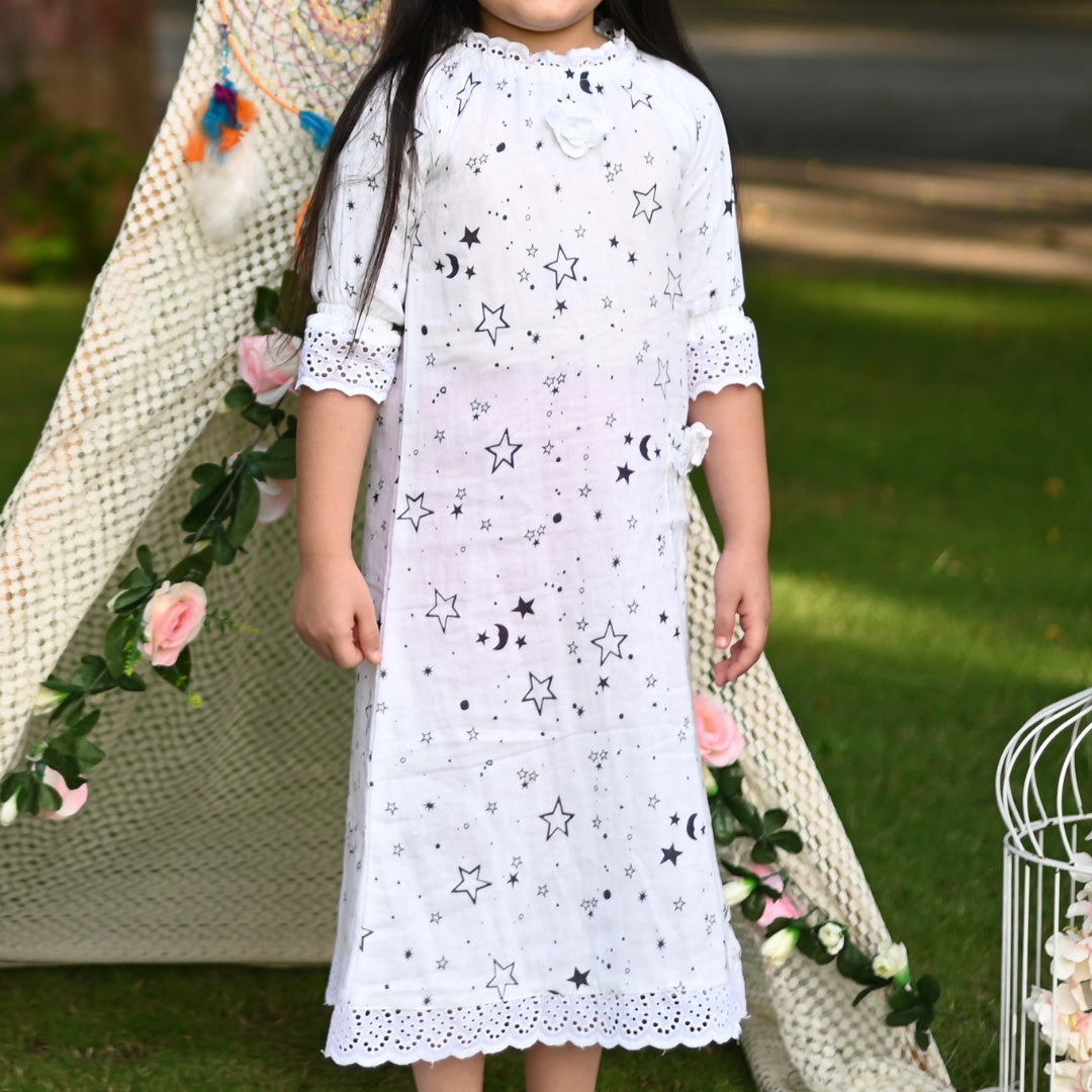 White Soft Cotton Star Print Nighty For Girl's