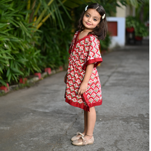Mom & Daughter Red Floral Cotton Hand block Printed Twinning Set Duo