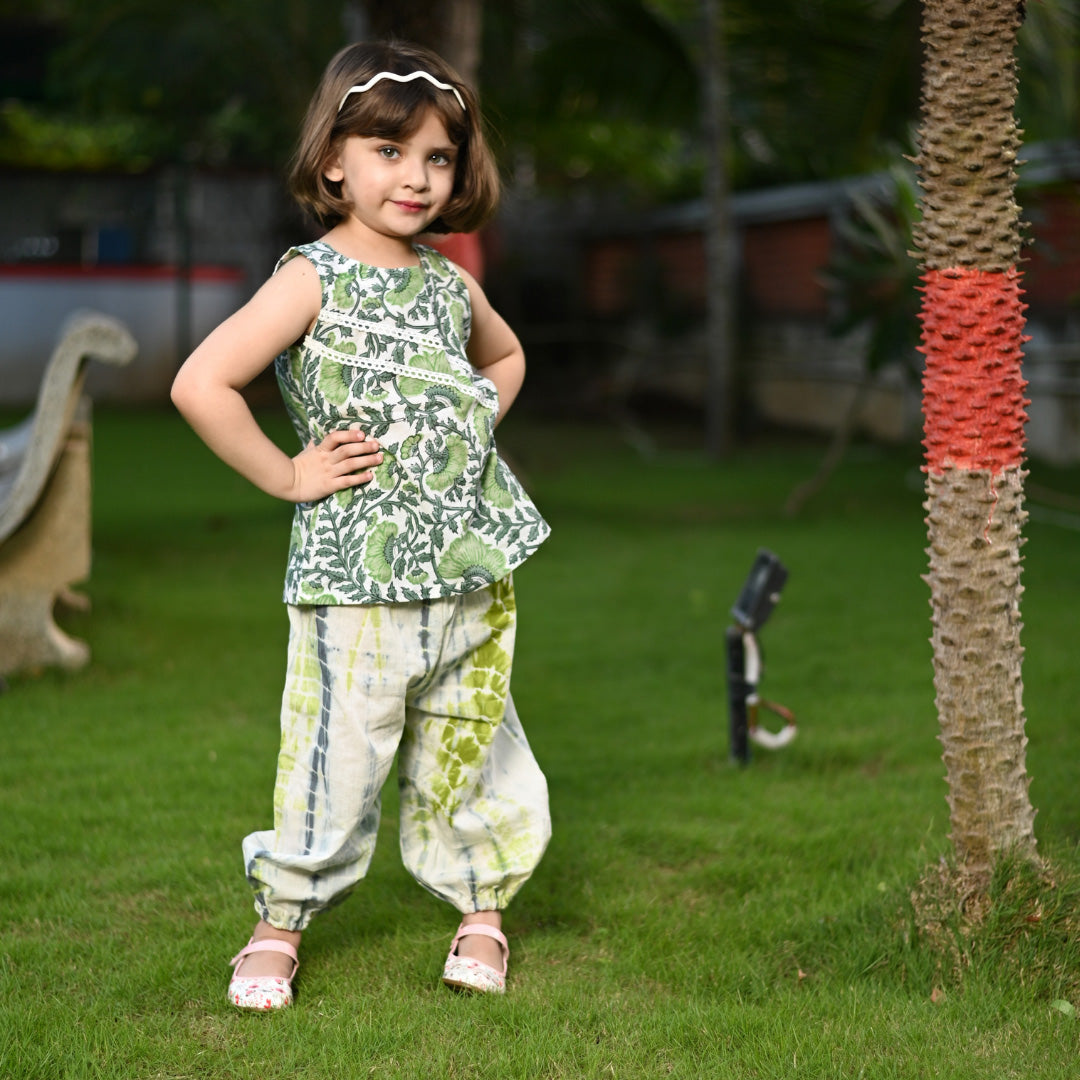 Two Piece Apple Green Cotton Block Print Kurta and Shibori Pant Set For Girls