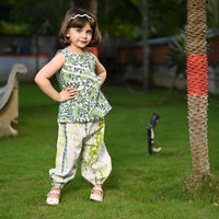 Thumbnail for Two Piece Apple Green Cotton Block Print Kurta and Shibori Pant Set For Girls